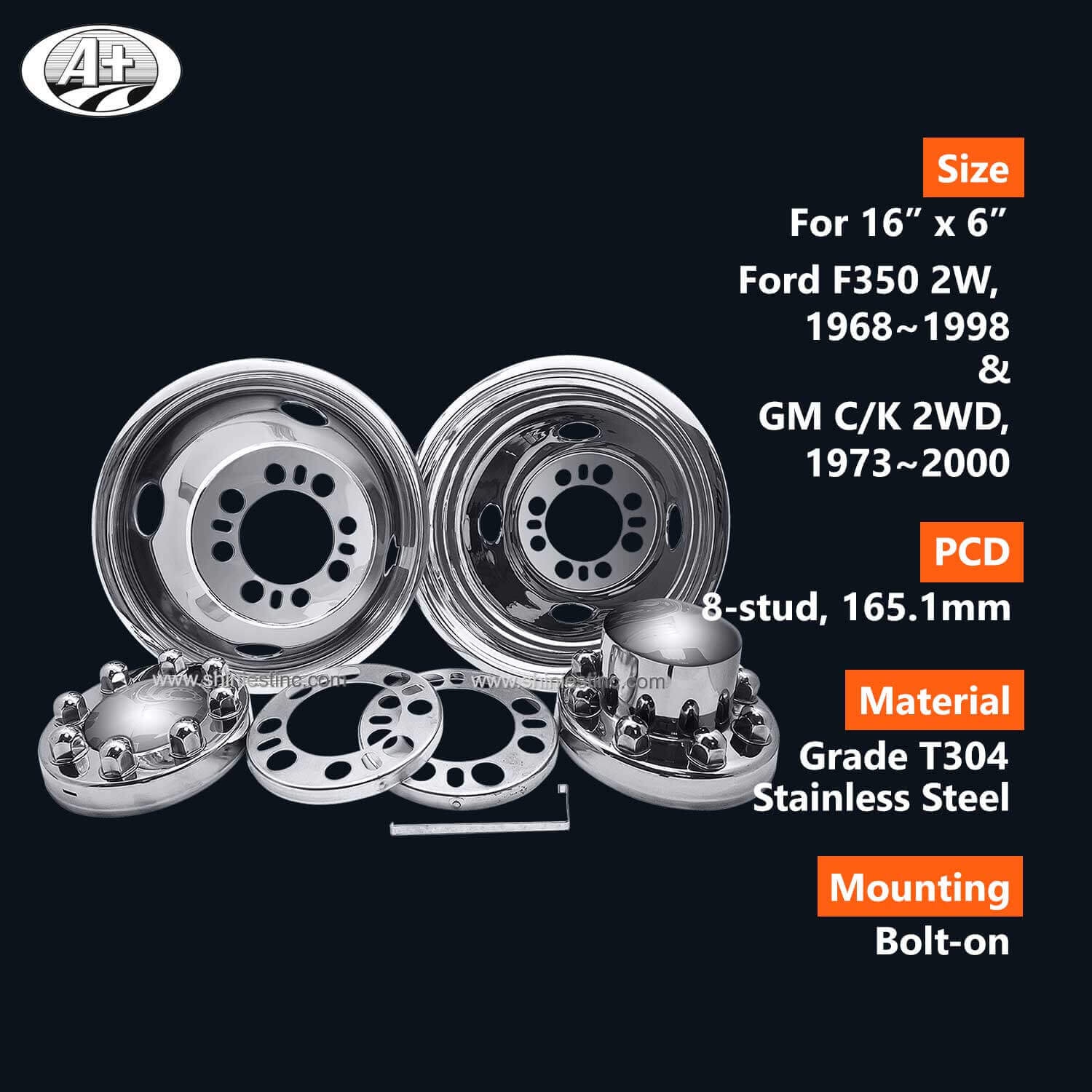 16＂x 6＂T304 S/S Wheel Cover Set for Ford F350 2W & GM C/K 2WD