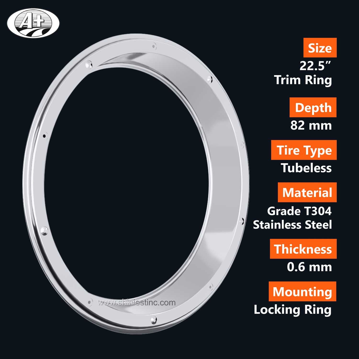 (30225R-82) 22.5＂S/S Wheel Trim Ring for Rear & Super Single Front Wheel (82mm Depth)