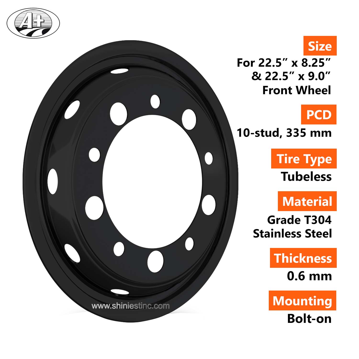 22.5＂x 8.25＂& 22.5＂x 9.0＂S/S Wheel Cover for Front Wheel (Black)