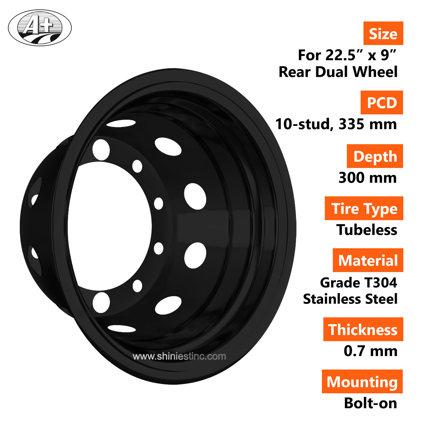 22.5＂x 9＂Stainless Steel Deep Wheel Liner for Rear Dual Wheel (Black)