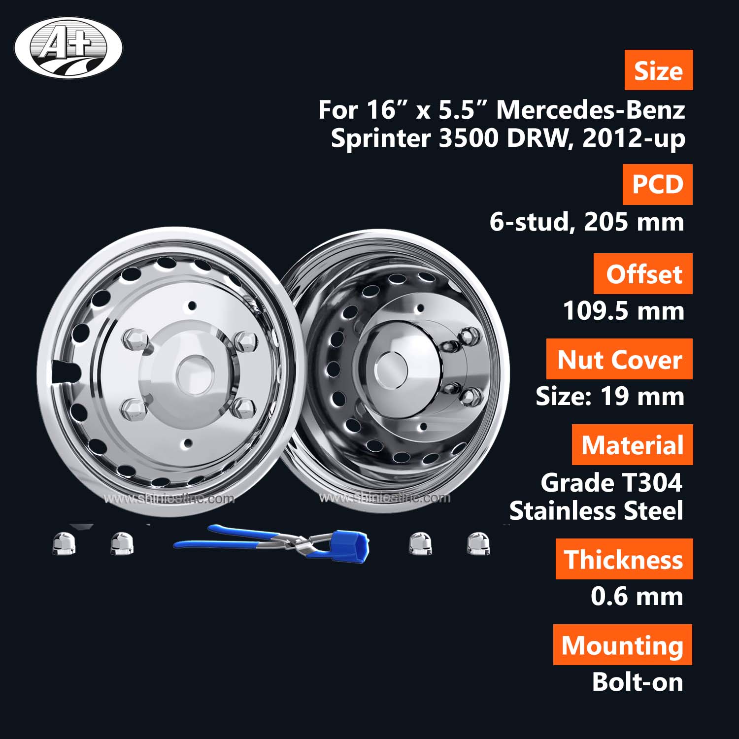 16＂S/S Wheel Cover Set for Mercedes-Benz Sprinter 3500 DRW, 2012~up