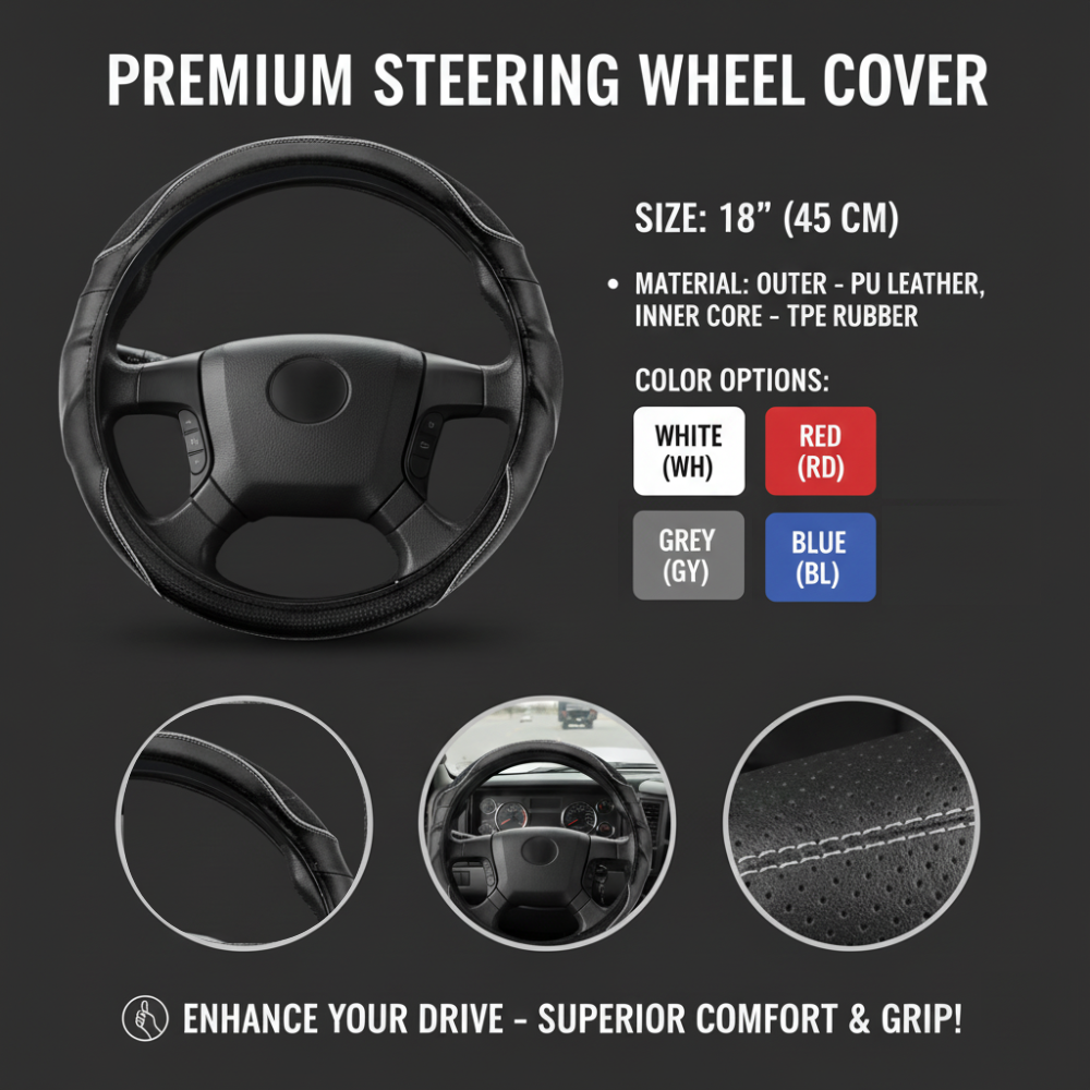 18” Anti-Slip Steering Wheel Cover for Universal Cars with Black Leather