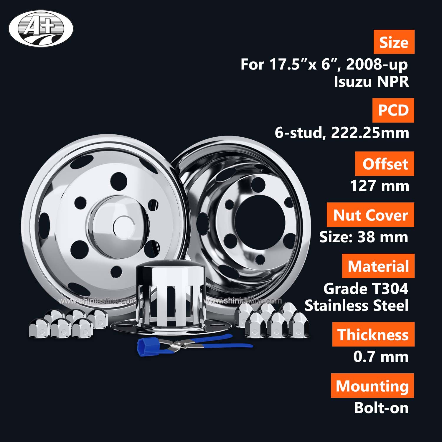17.5” x 6” Wheel Trim Set for Isuzu NPR 2008~up, T304 Stainless Steel - [Nut Cover Size : 38mm]